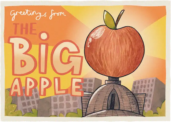 Hand-drawn postcard of a large apple sitting on top of a building in New York City